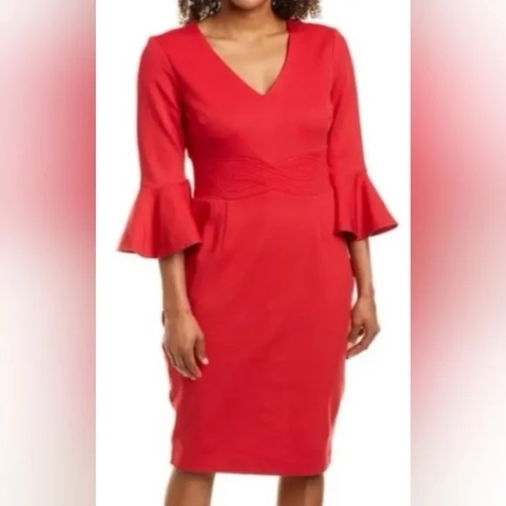 Trina Turk Begonia Dress Bell Sleeves V-neck Embroidered Waist Size 8 Red